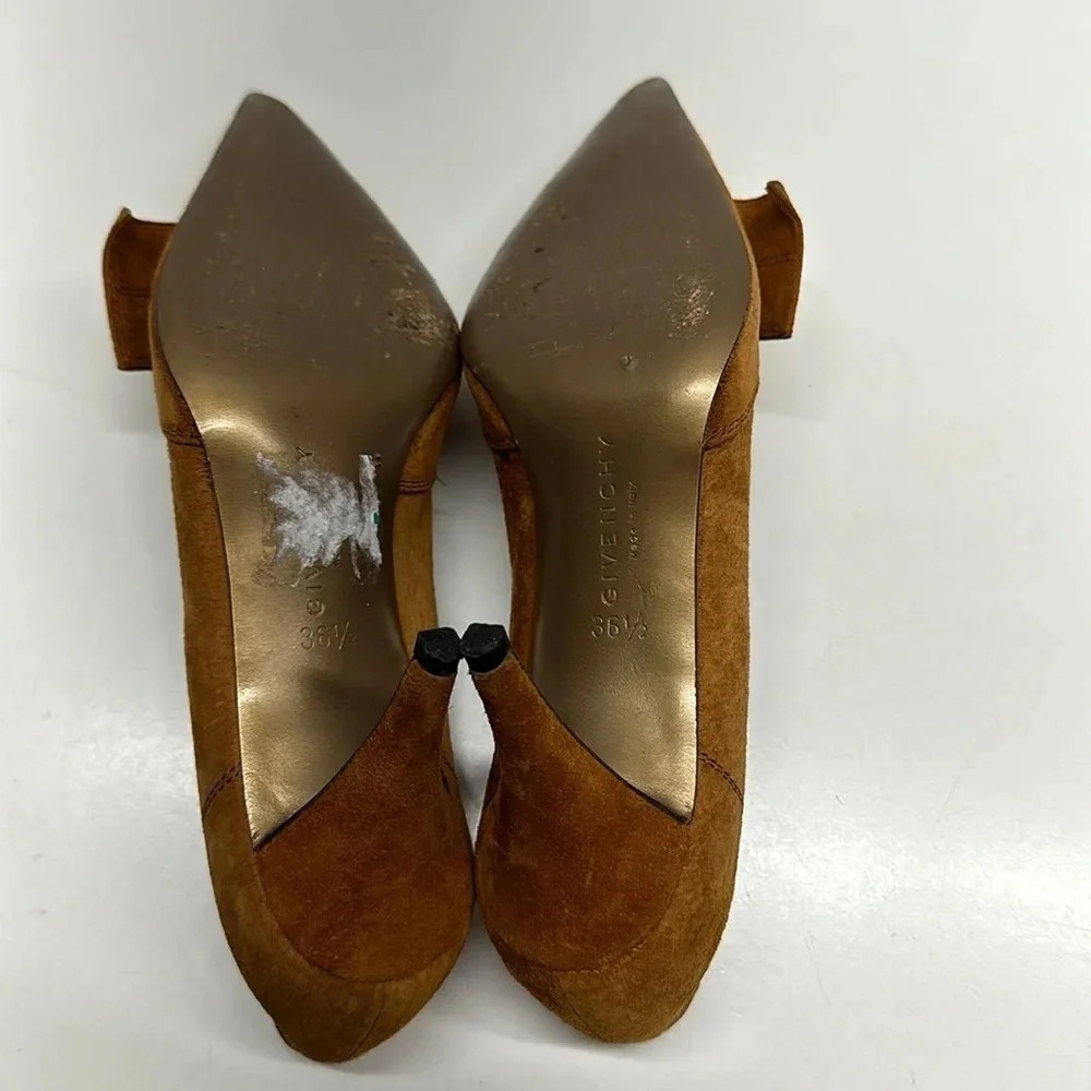 Givenchy Heels High Heel Pumps Shoes Suede Gold Metal Logo Tan Brown Size US 6.5 - Picture 10 of 12